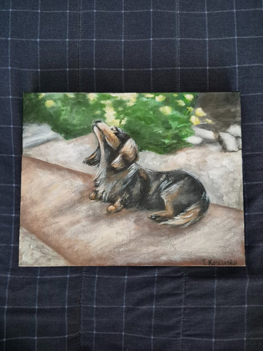 Vtg Original Artist Signed Long-Haired Dachshund Dog Canvas Oil Painting 14"x11"